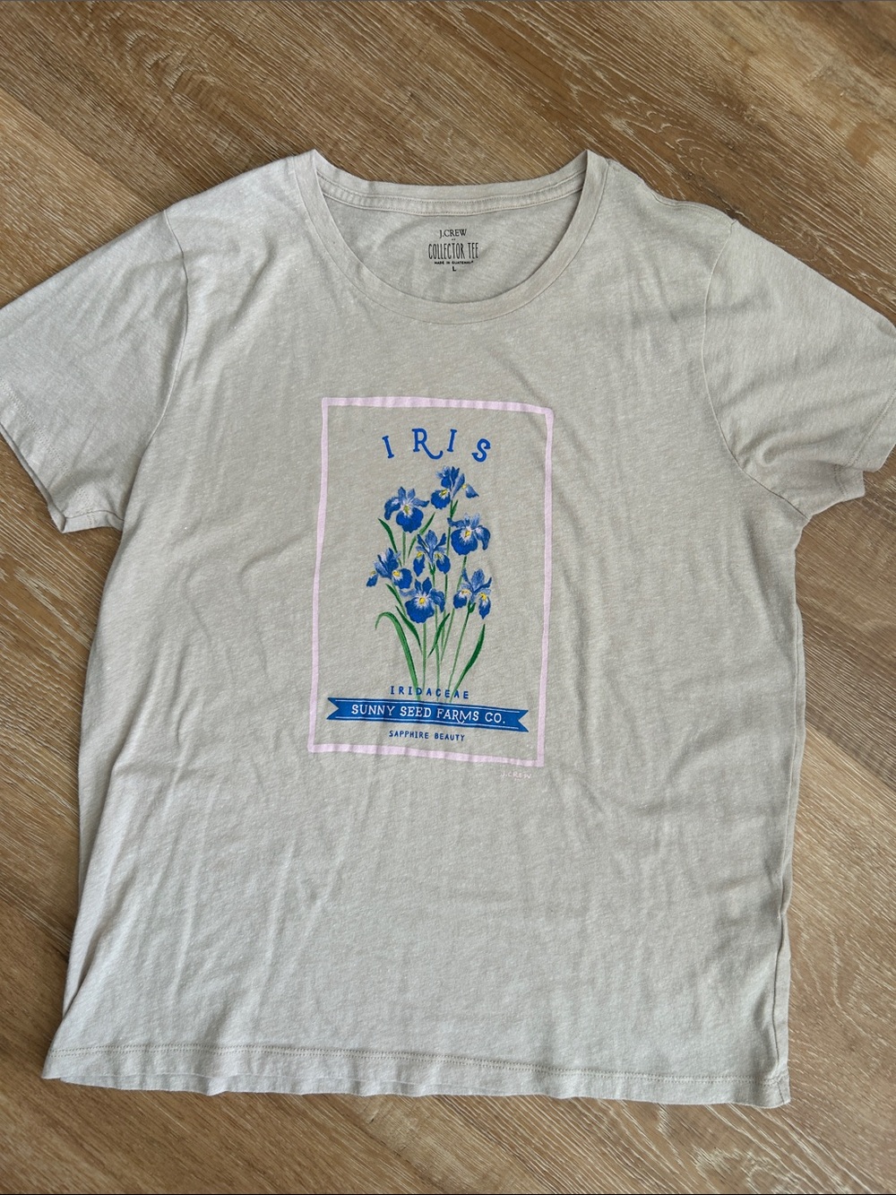 J. Crew Light Taupe Collector Tee with Blue & Green Iris Graphic Size Large